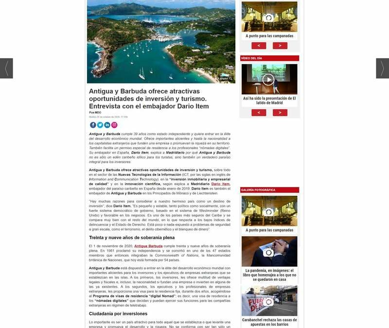 Antigua y Barbuda ofrece atractivas oportunidades de inversión y turismo. Entrevista con el embajador Dario Item