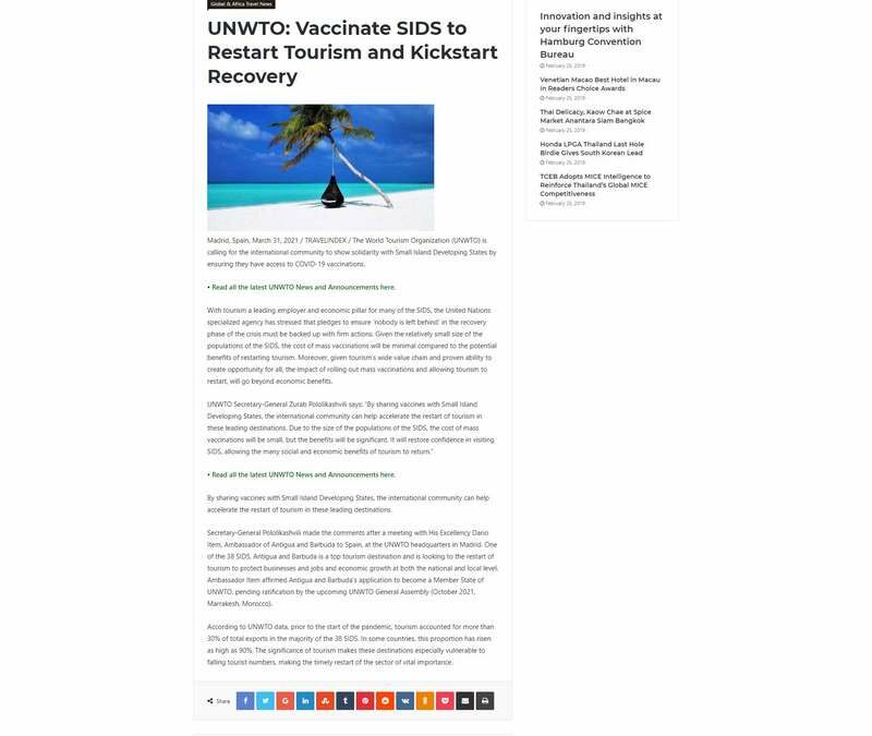 UNWTO: Vaccinate SIDS to Restart Tourism and Kickstart Recovery