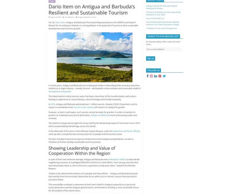 Dario Item on Antigua and Barbuda’s Resilient and Sustainable Tourism